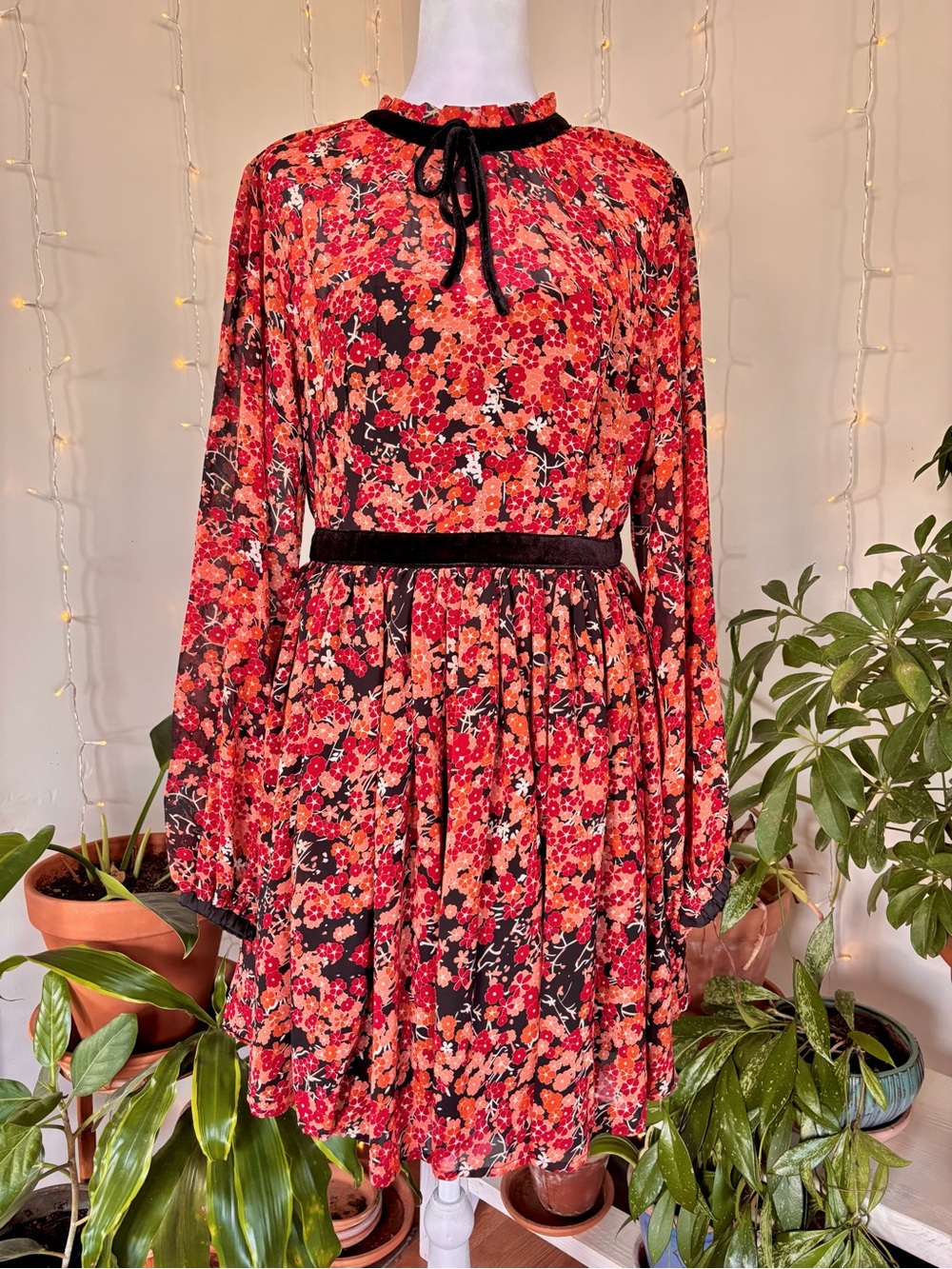 Unique Vintage Warm Floral Velvet Trim Mini Dress Cottagecore Prairie Size L - Picture 2 of 8